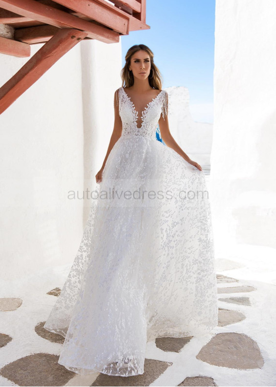 Ivory Floral Lace Tulle U Back Sparkling Wedding Dress
